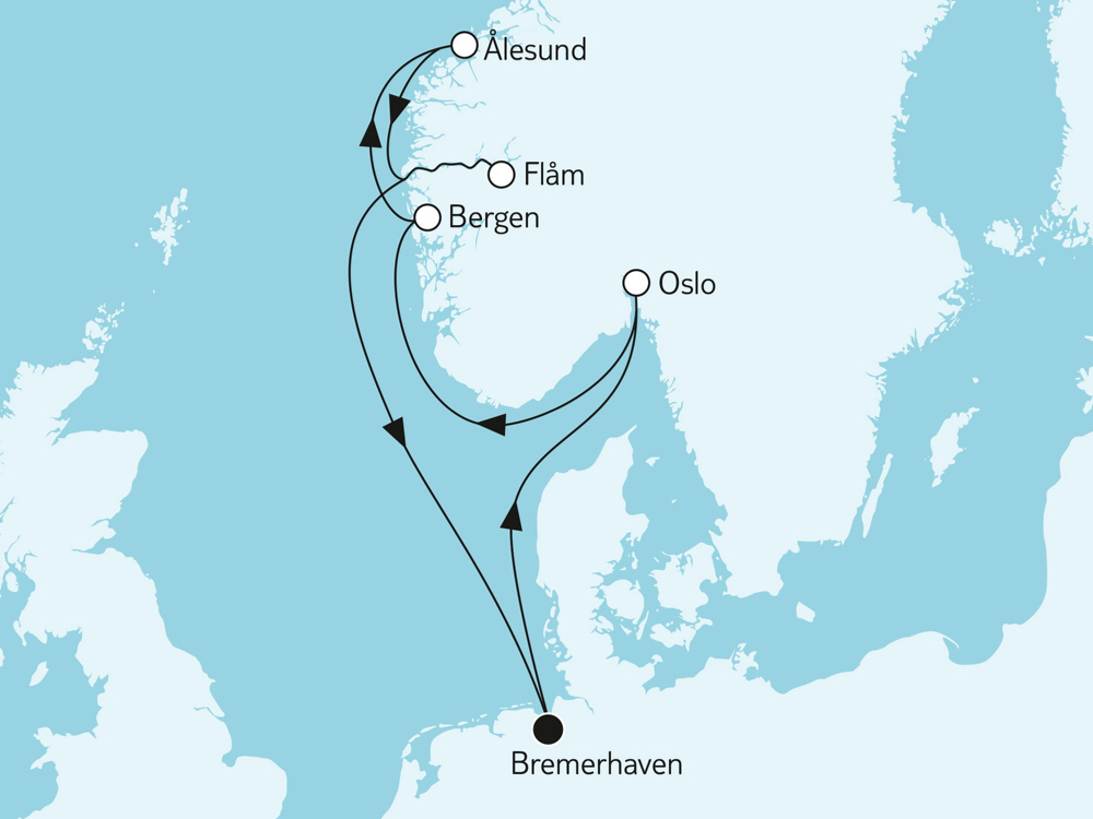 Mein Schiff 1  Norwegen mit Oslo - Routenbild